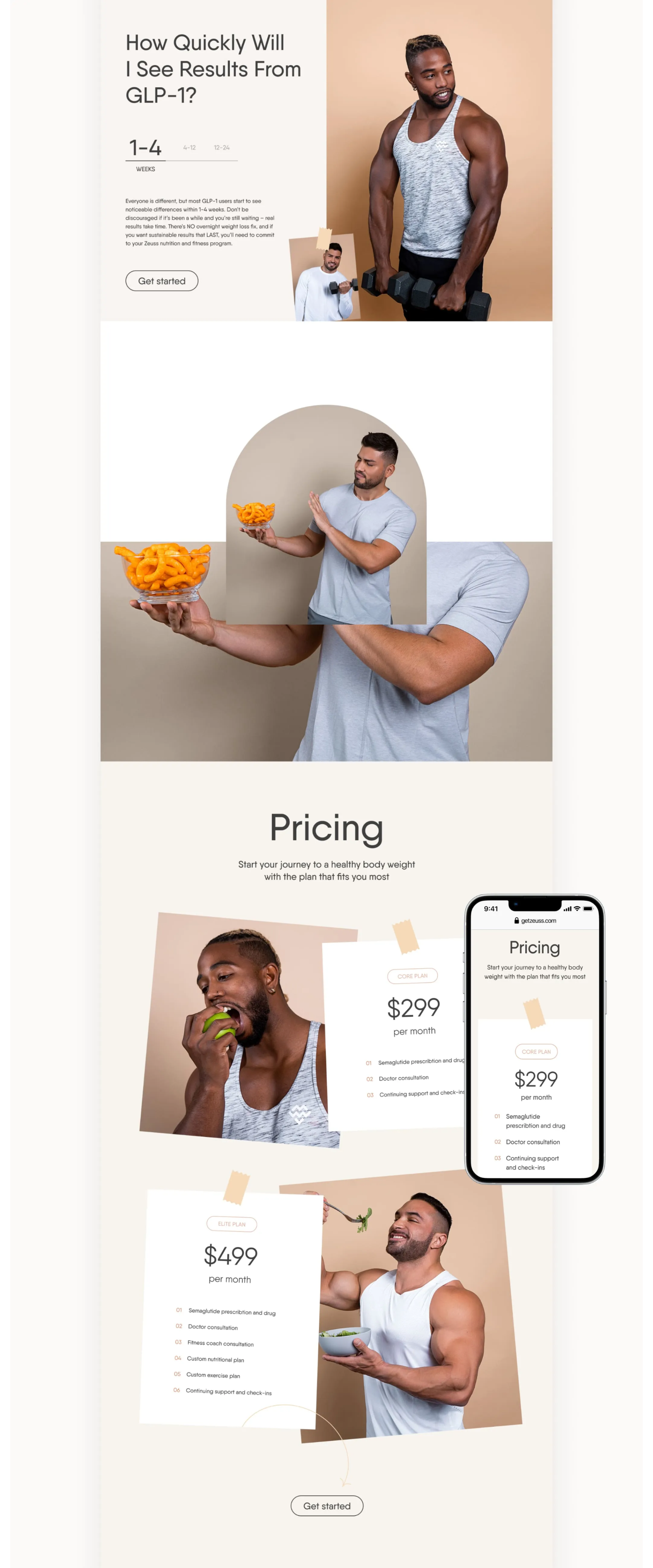 Zeuss hair care landing page design with treatment details