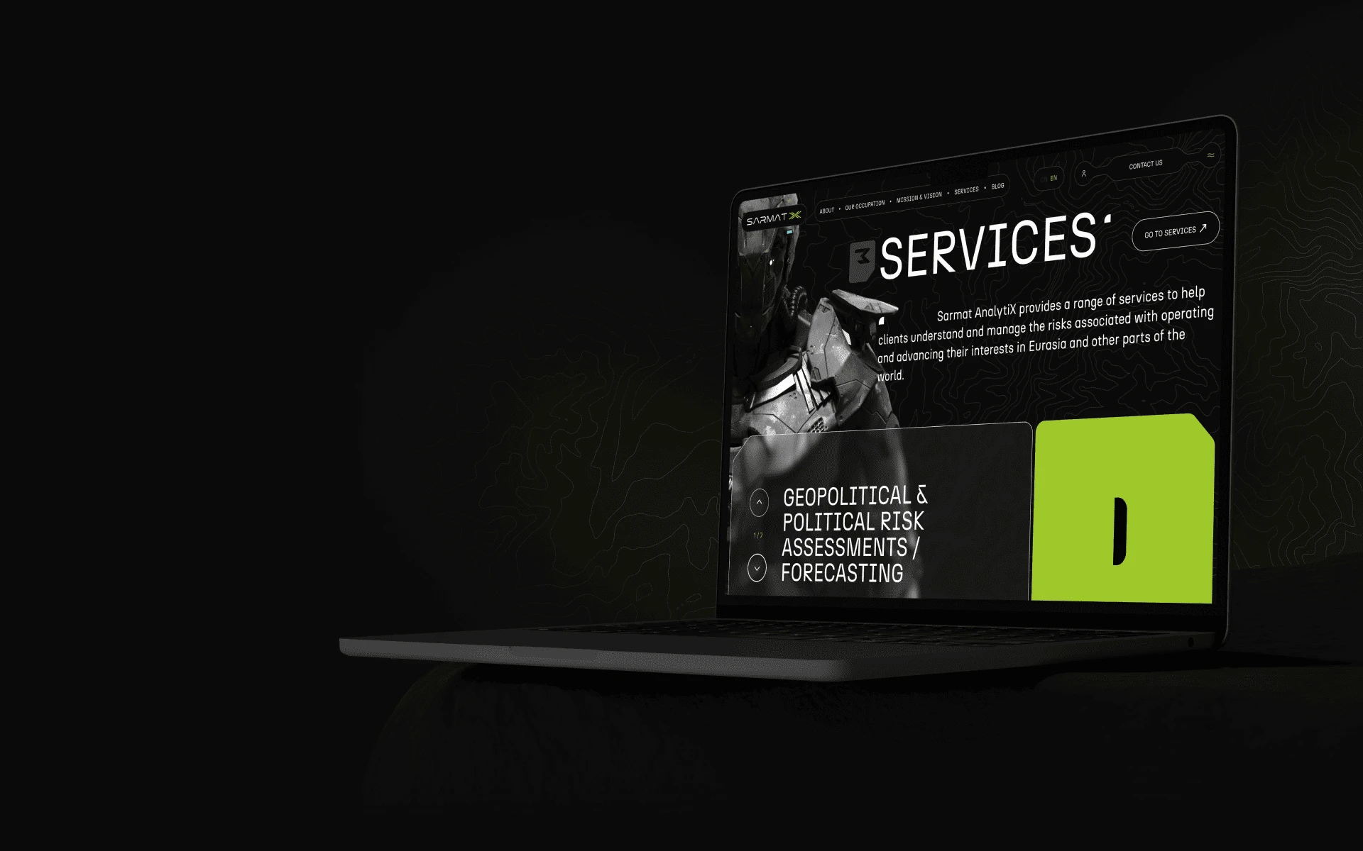 Sarmat Analytix services page design on a laptop