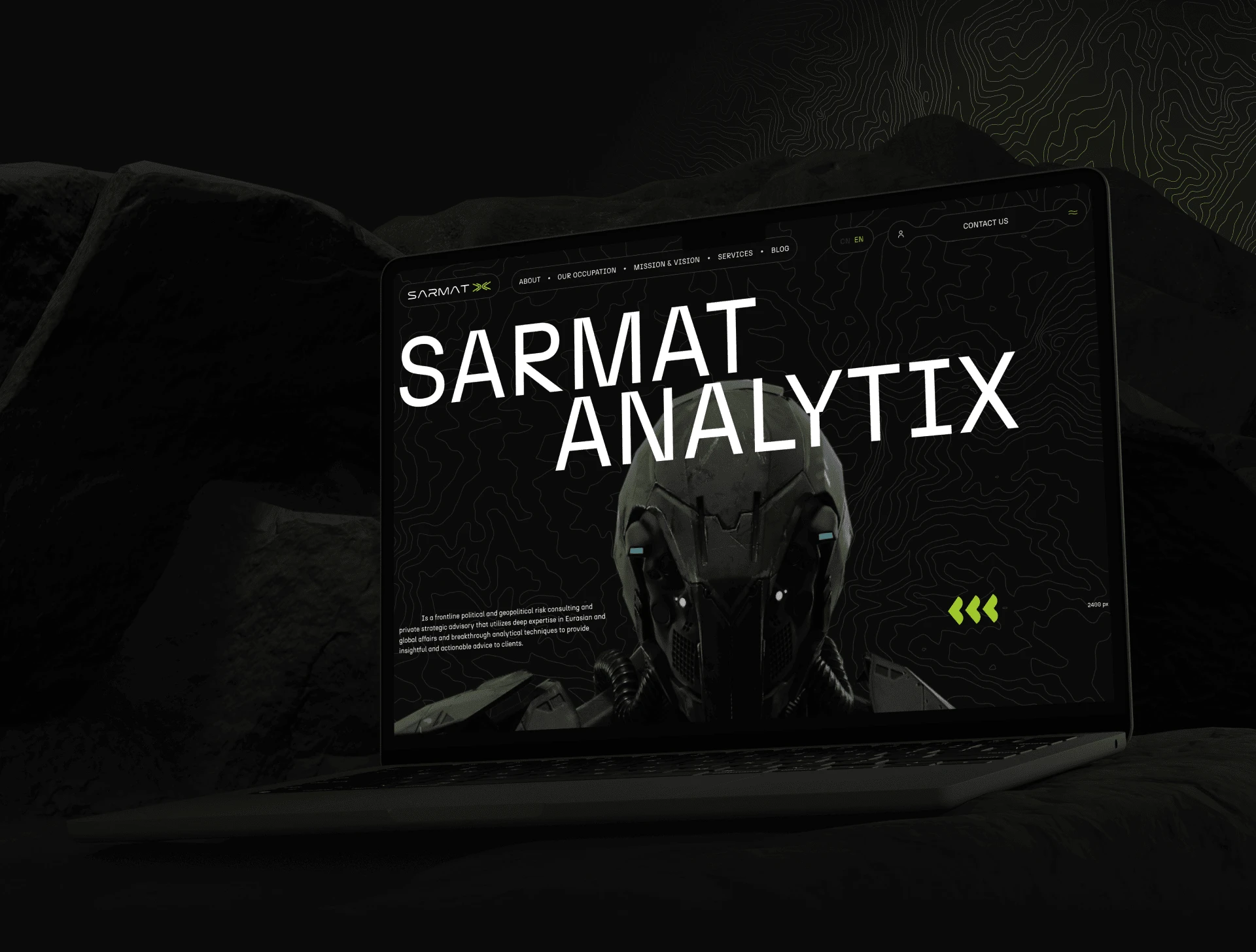 Sarmat Analytix website hero on a laptop – dark futuristic UI design