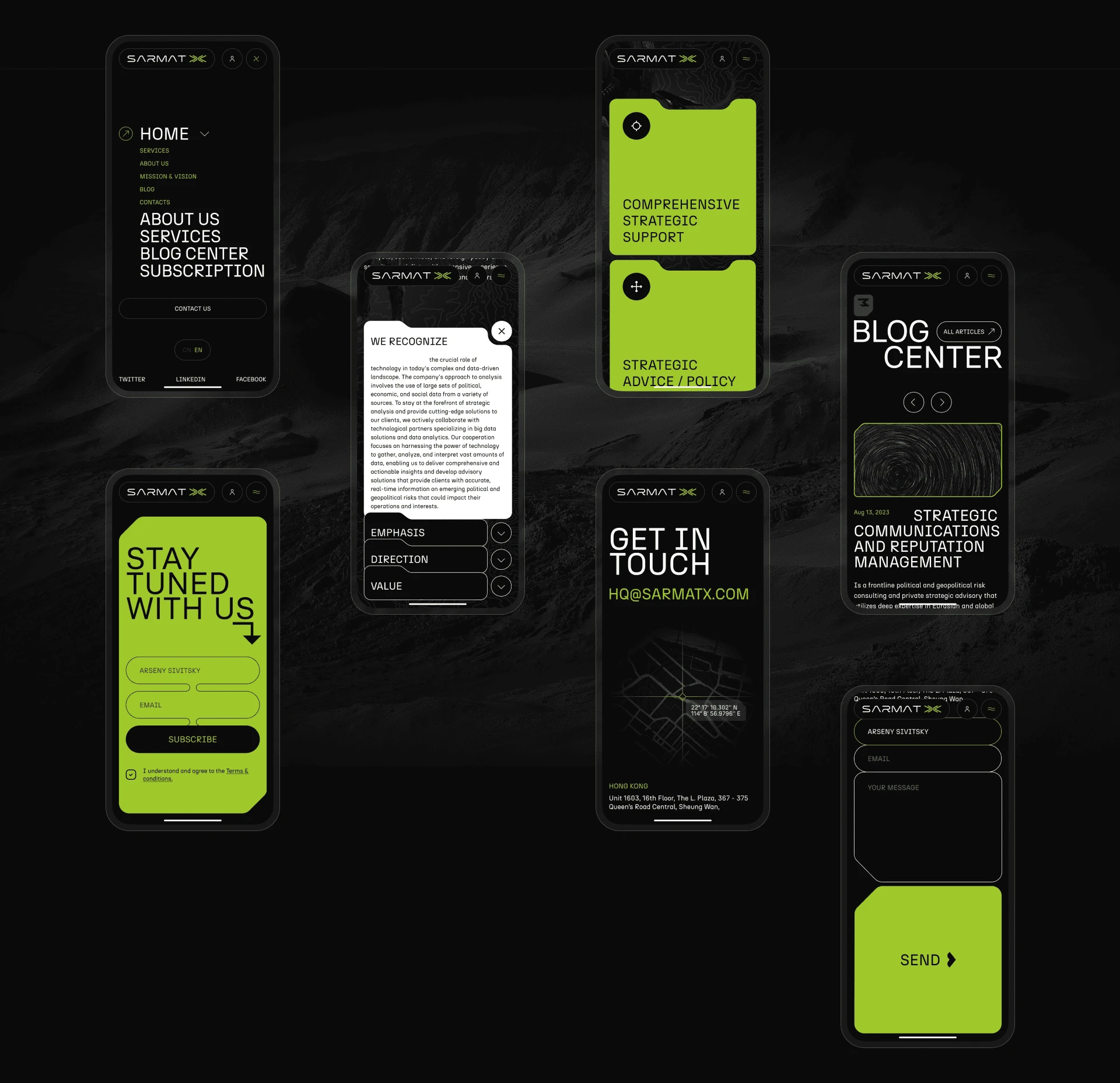 Sarmat Analytix mobile UI screens – menu, blog and contact forms