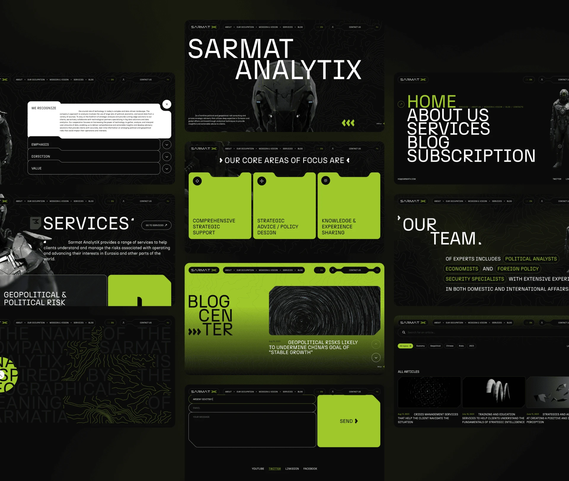 Sarmat Analytix website pages – home, services, blog and subscription UI