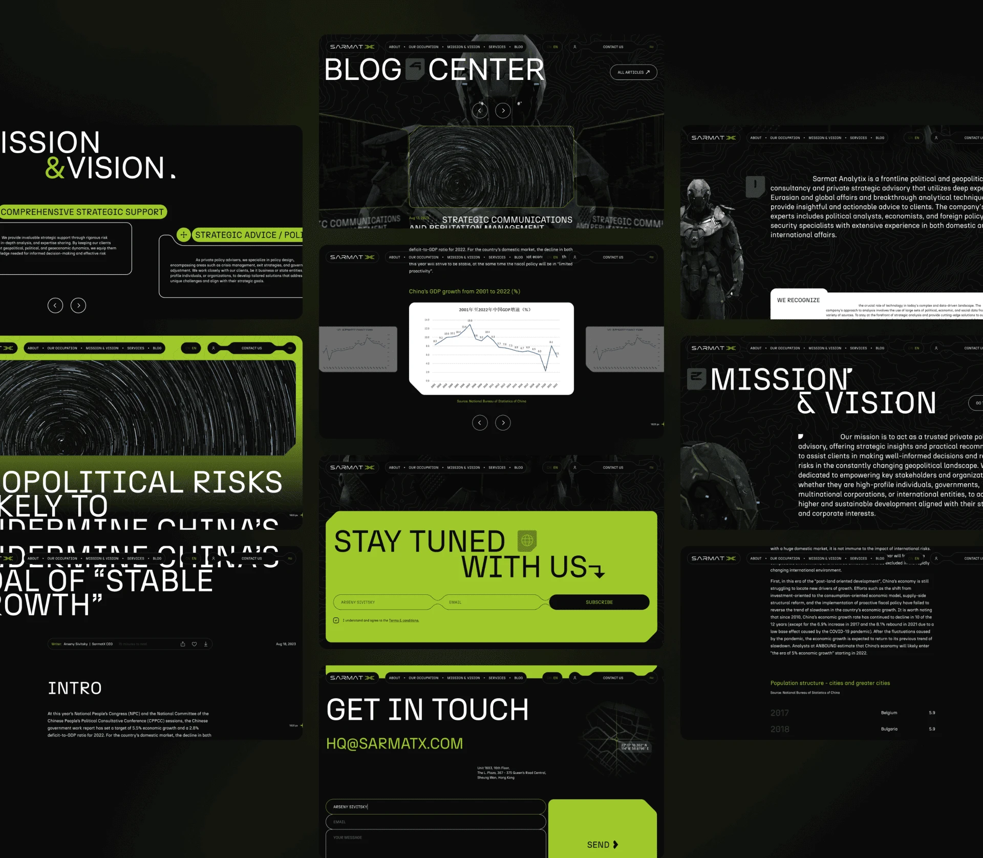 Sarmat Analytix mission, blog center and contact page UI