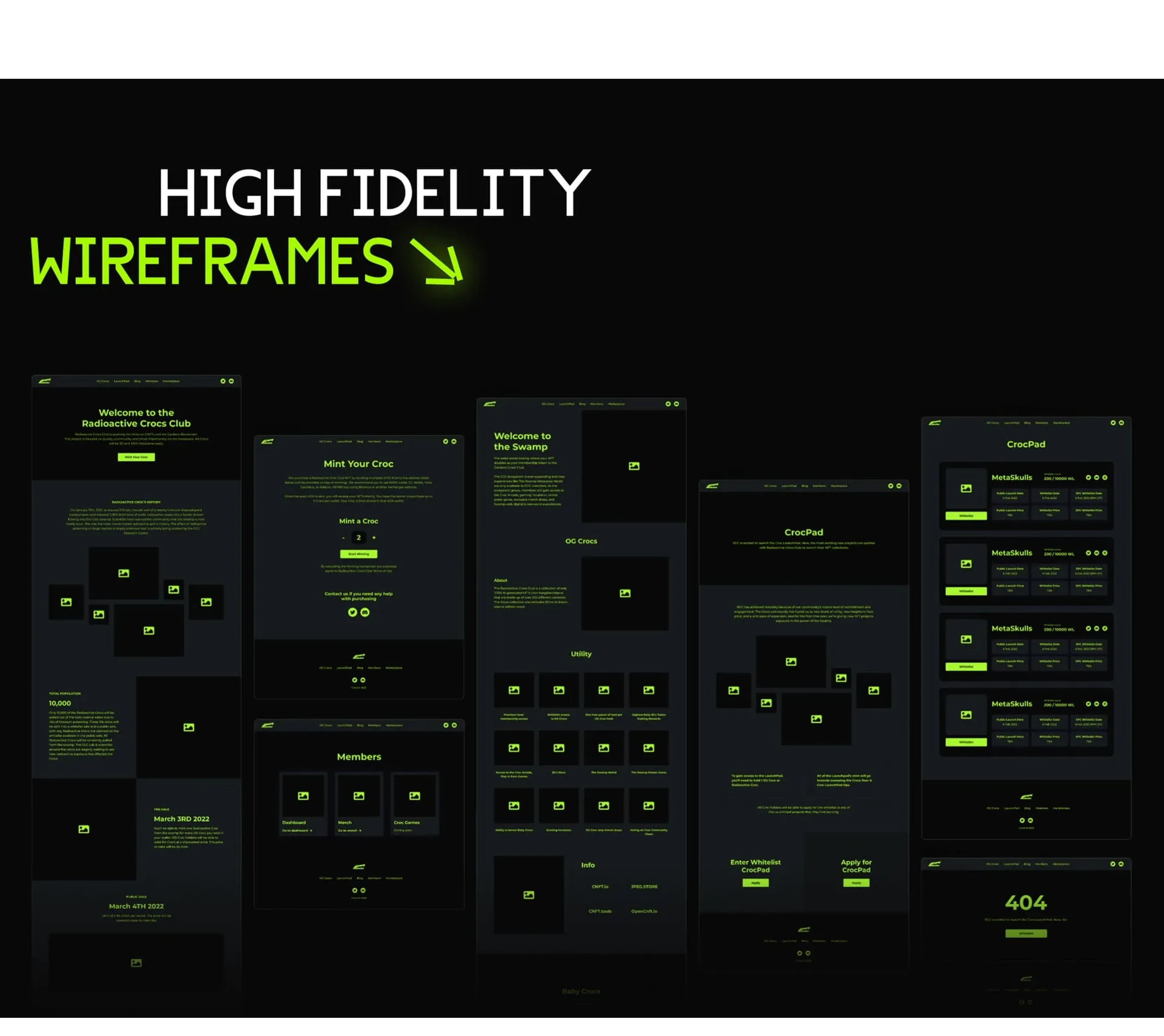 Radioactive Crocs Club website structure and storyboards
