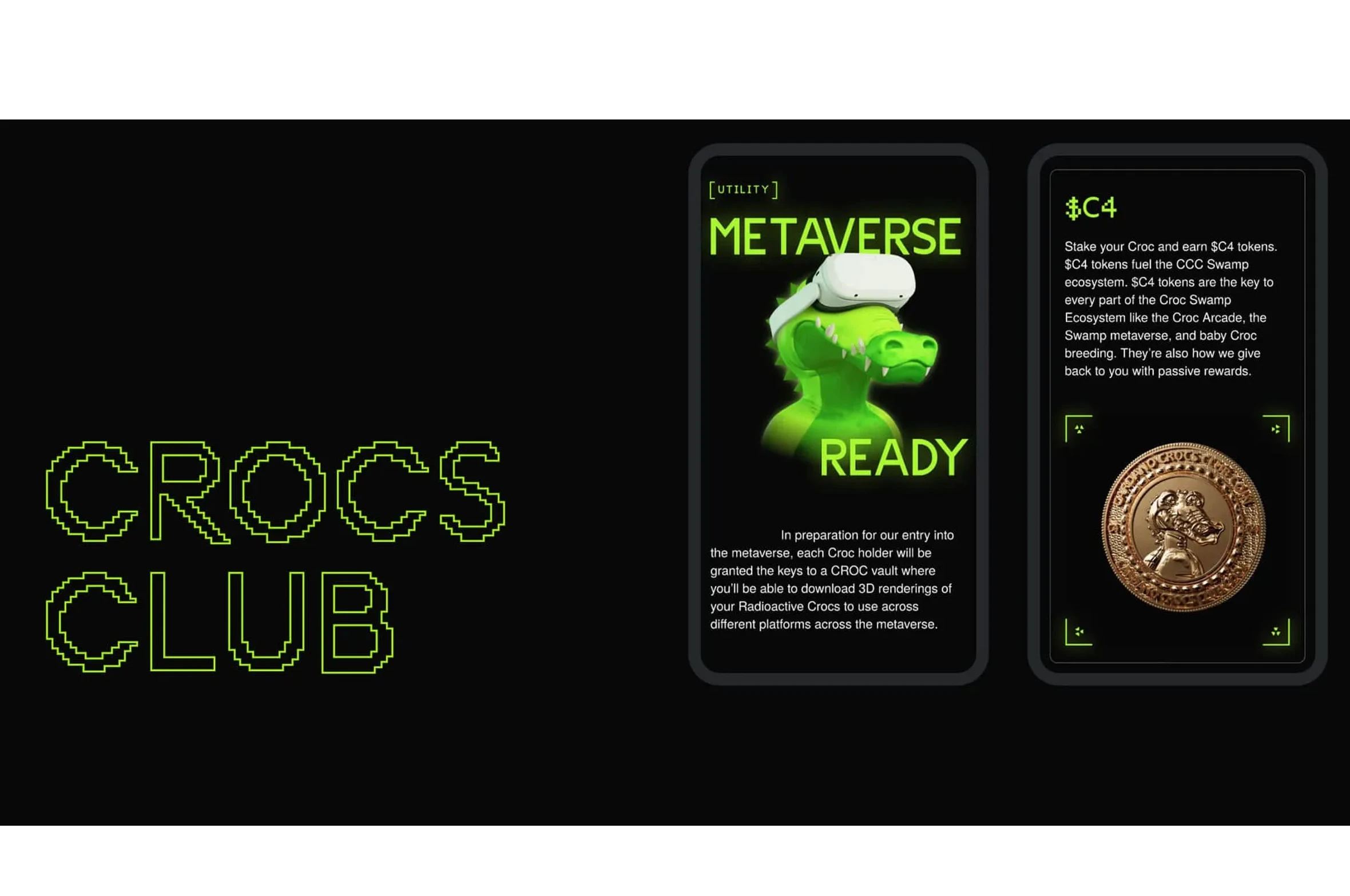 Radioactive Crocs Club website sections and UI