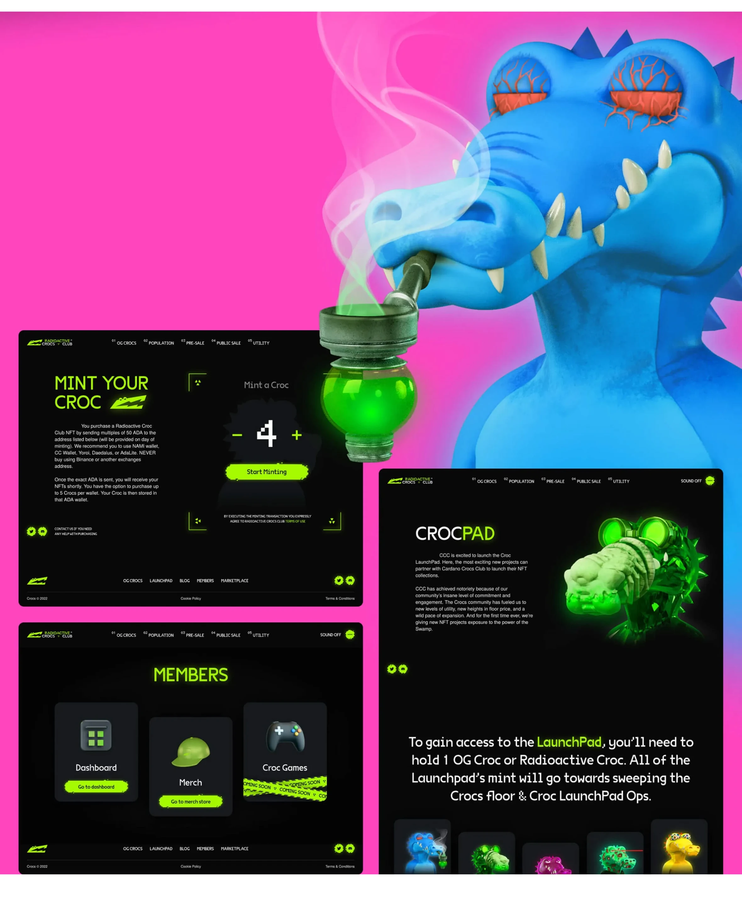 Radioactive Crocs Club Mining and CrocPad page design
