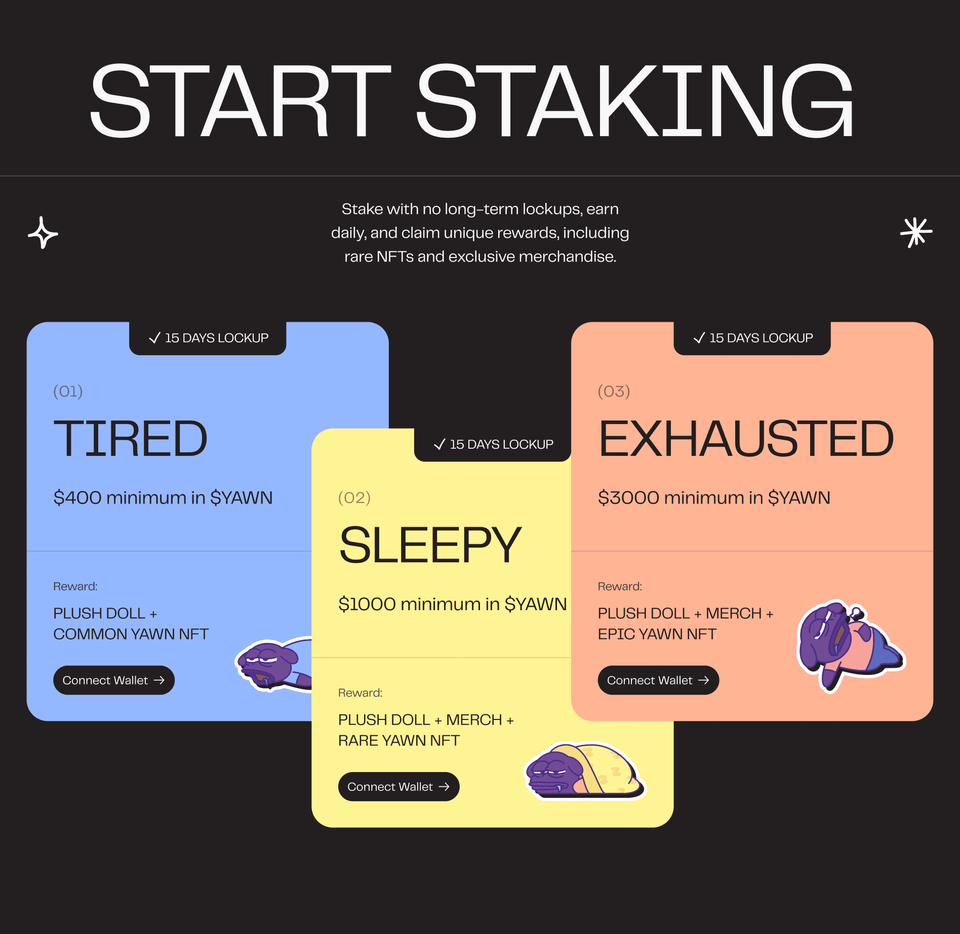 Yawn staking tiers – Tired, Sleepy, Exhausted