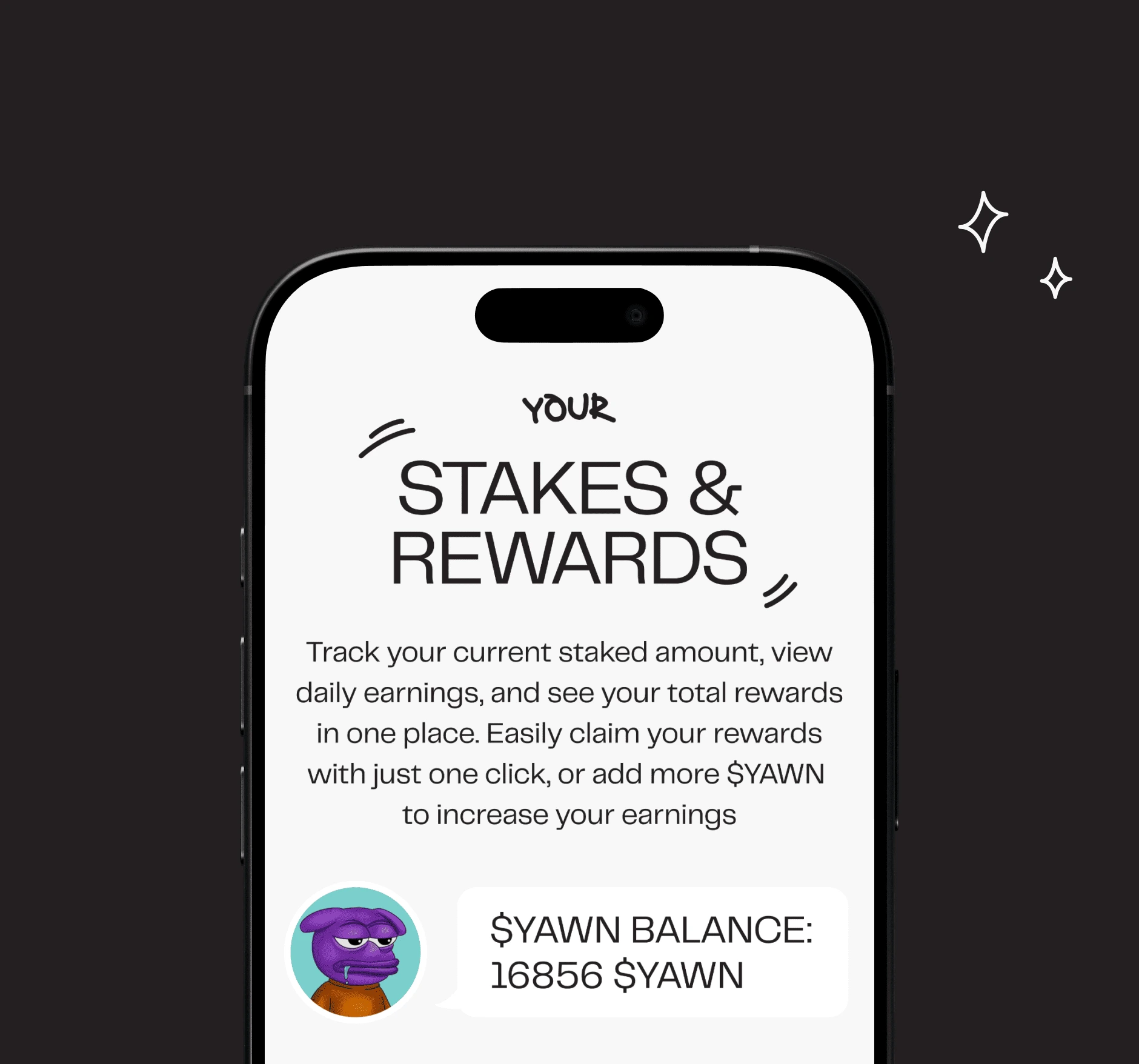 Yawn stakes and rewards dashboard on a smartphone
