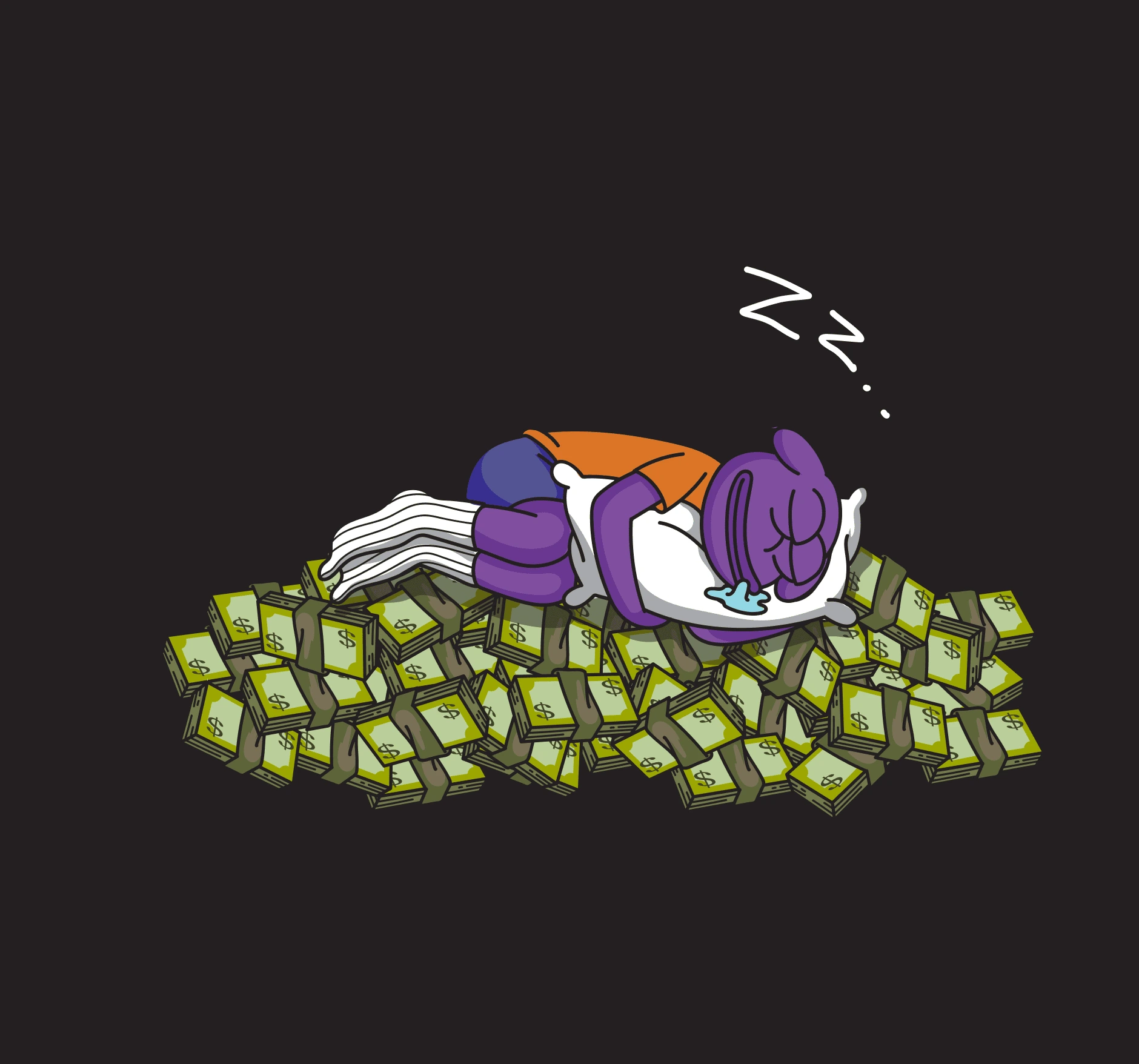 Yawn mascot sleeping on a pile of money