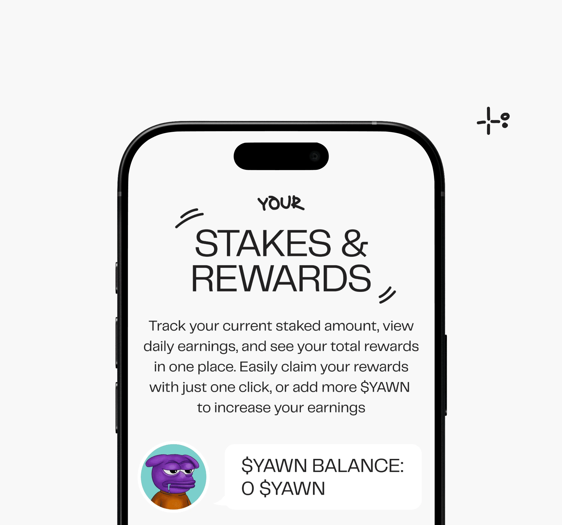 Yawn stakes and rewards screen on a smartphone