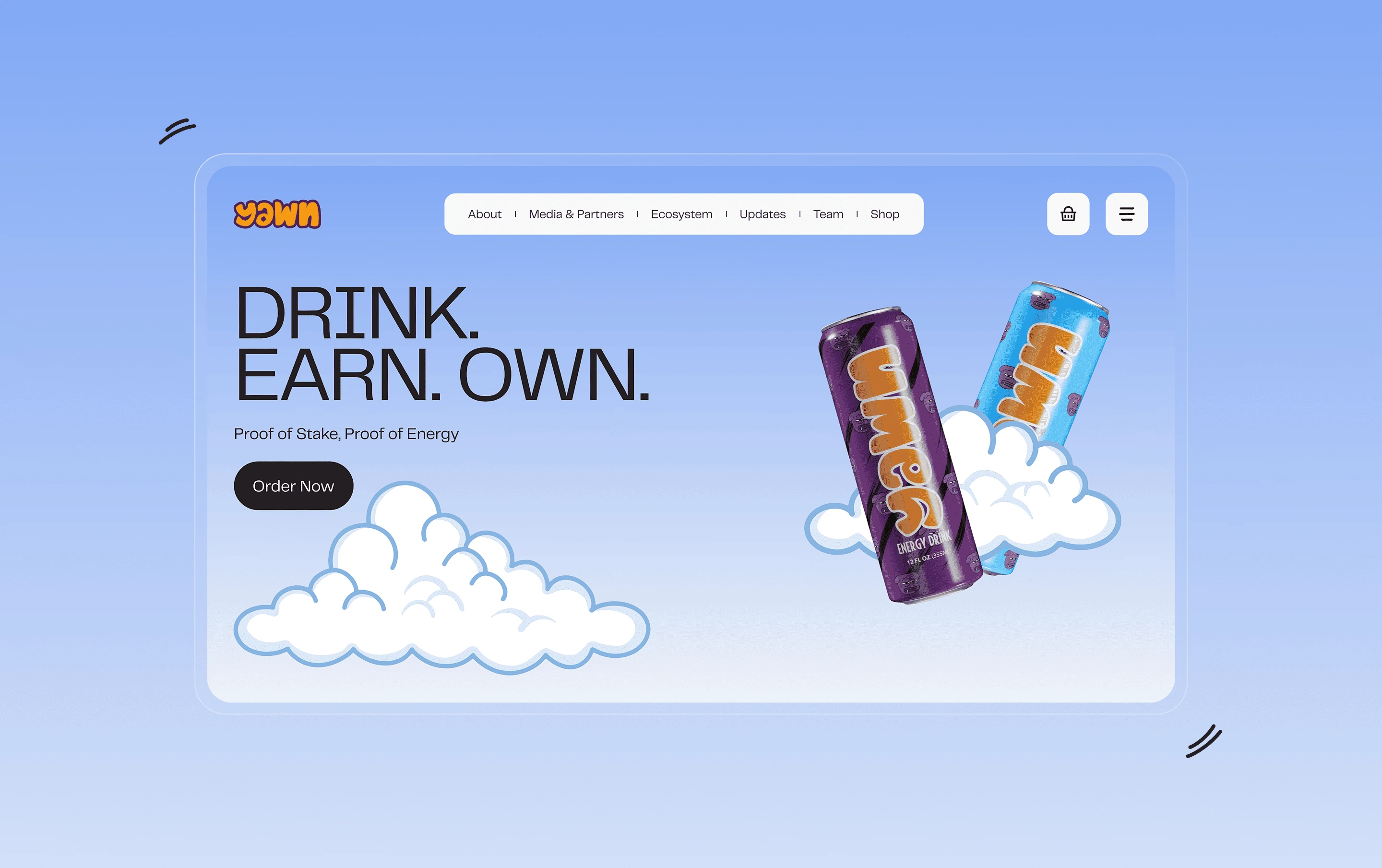 Yawn Energy drink website – Drink. Earn. Own.
