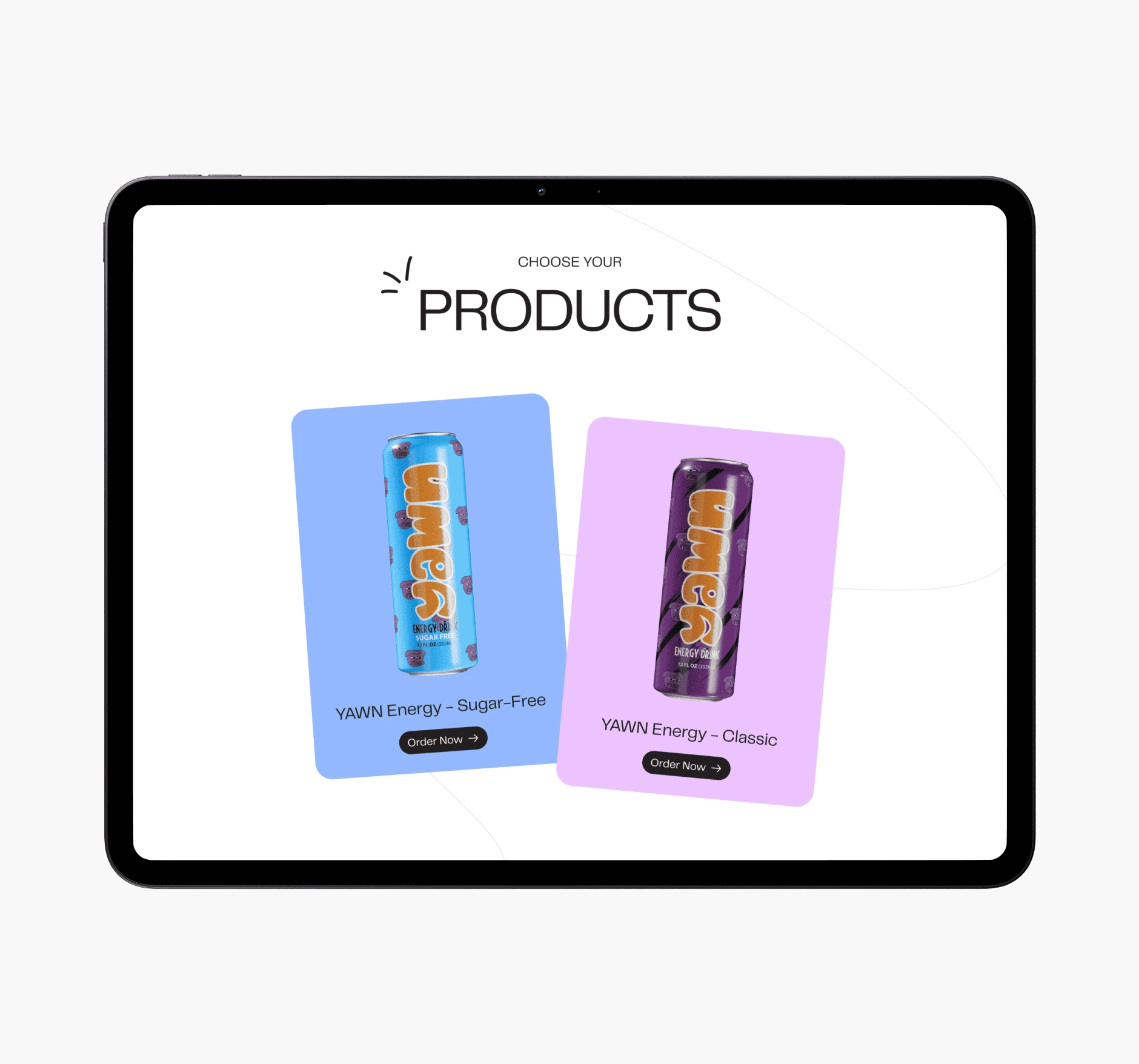 Yawn Energy products page on a tablet