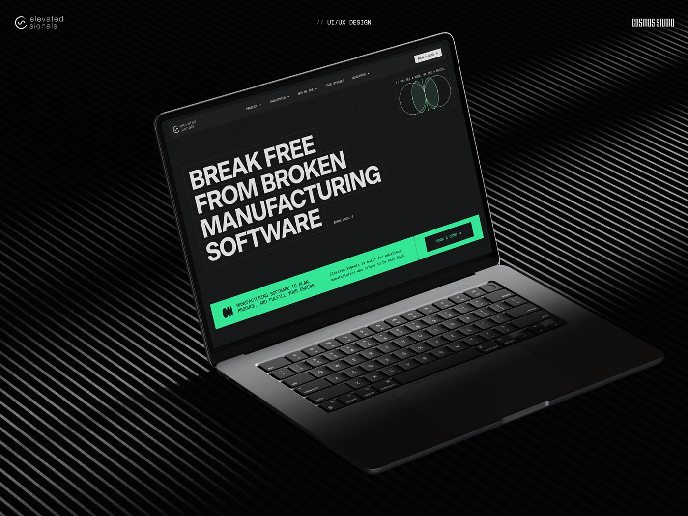 Elevated Signals manufacturing software website on a laptop