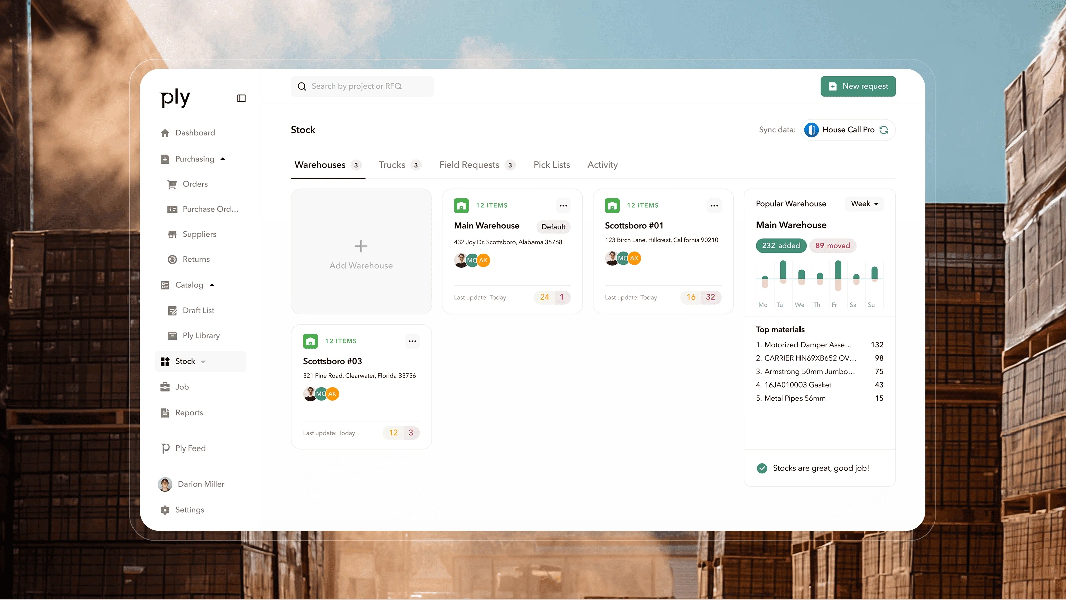 Ply procurement SaaS dashboard on a warehouse background