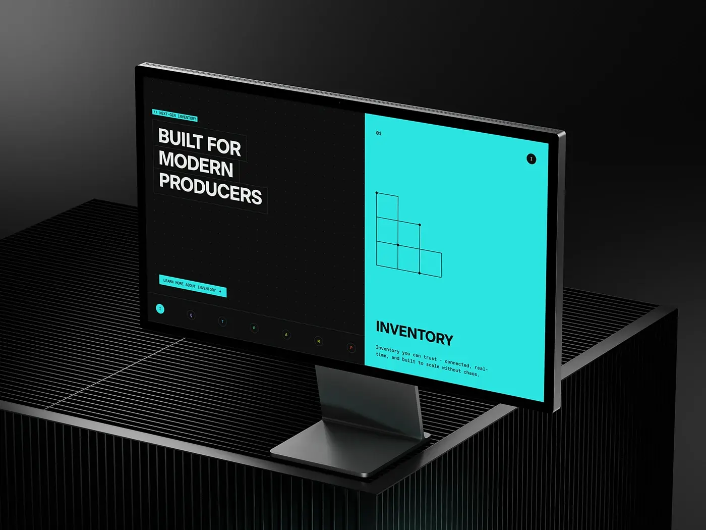Elevated Signals manufacturing SaaS inventory page on a desktop monitor – UX/UI by Cosmos Studio