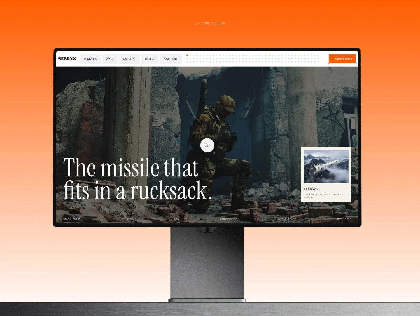 SerenX defense tech website home page on a desktop monitor