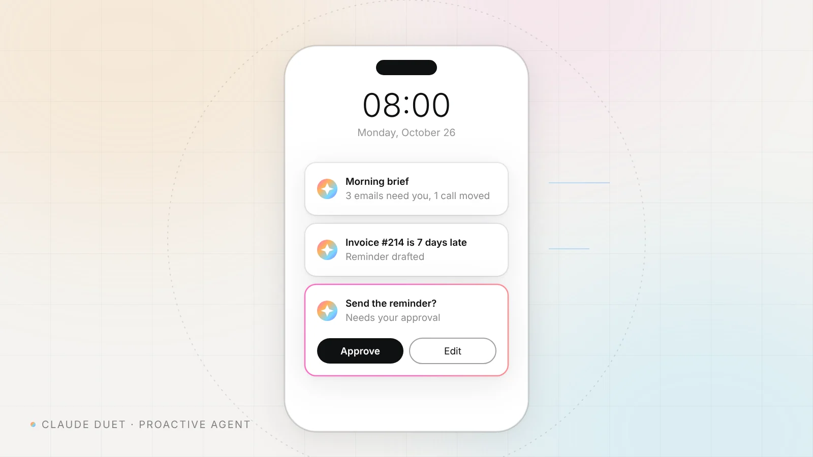 Phone screen with proactive agent notifications and an approval card