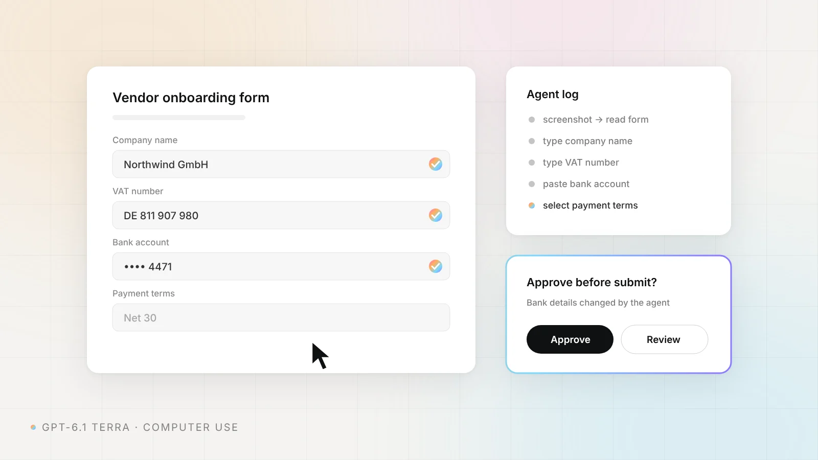 An AI agent fills a vendor form while a person approves the bank details before submit