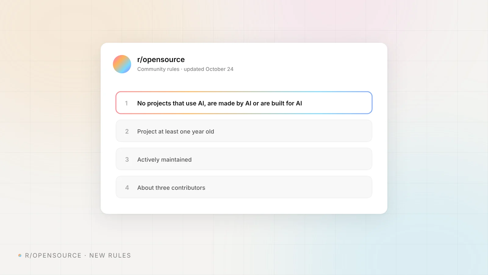 r/opensource community rules with the new ban on AI projects highlighted