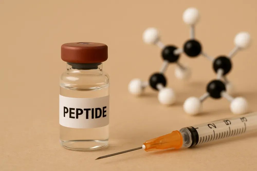 Unbranded grey-market peptide vial and syringe supplied with no certificate of analysis or lab report