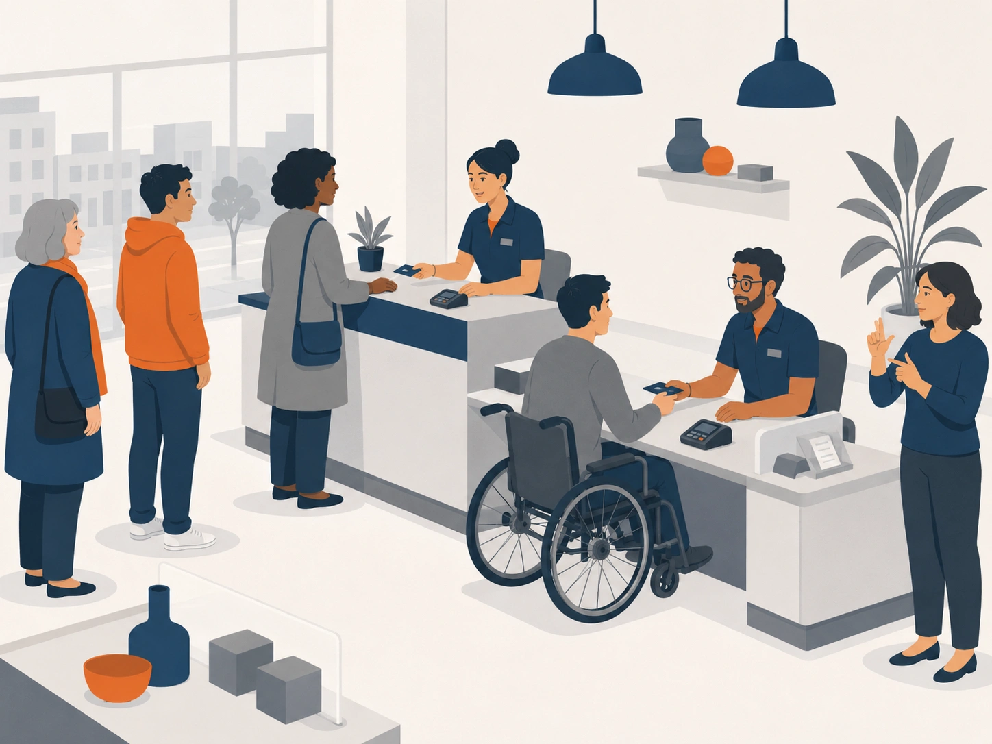 Illustration of an accessible UK service counter, showing equal access for wheelchair users and customers using sign language interpretation.