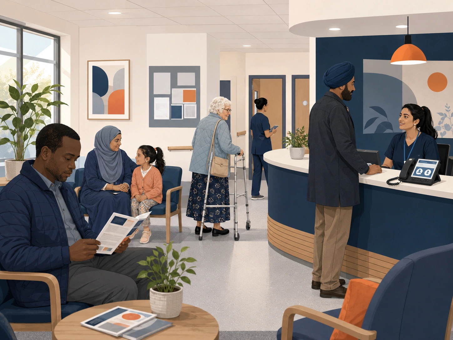 Illustration of a UK GP surgery or community centre waiting room serving people from a range of cultural backgrounds, with translation services visible.