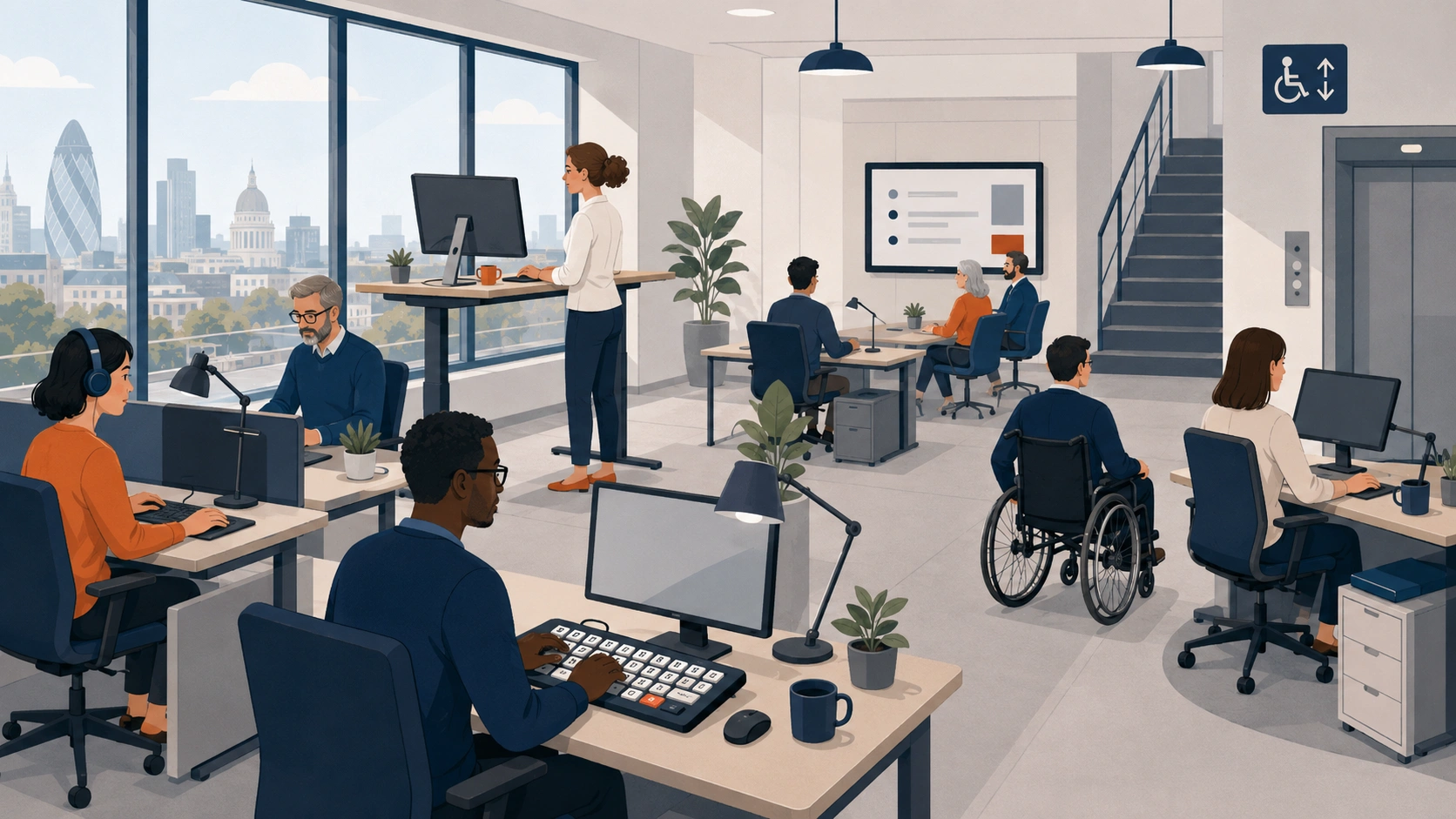 Illustration of a UK workplace showing multiple reasonable adjustments in everyday use — height-adjustable desks, noise-cancelling headphones, written agendas, accessible aisles and assistive keyboards.