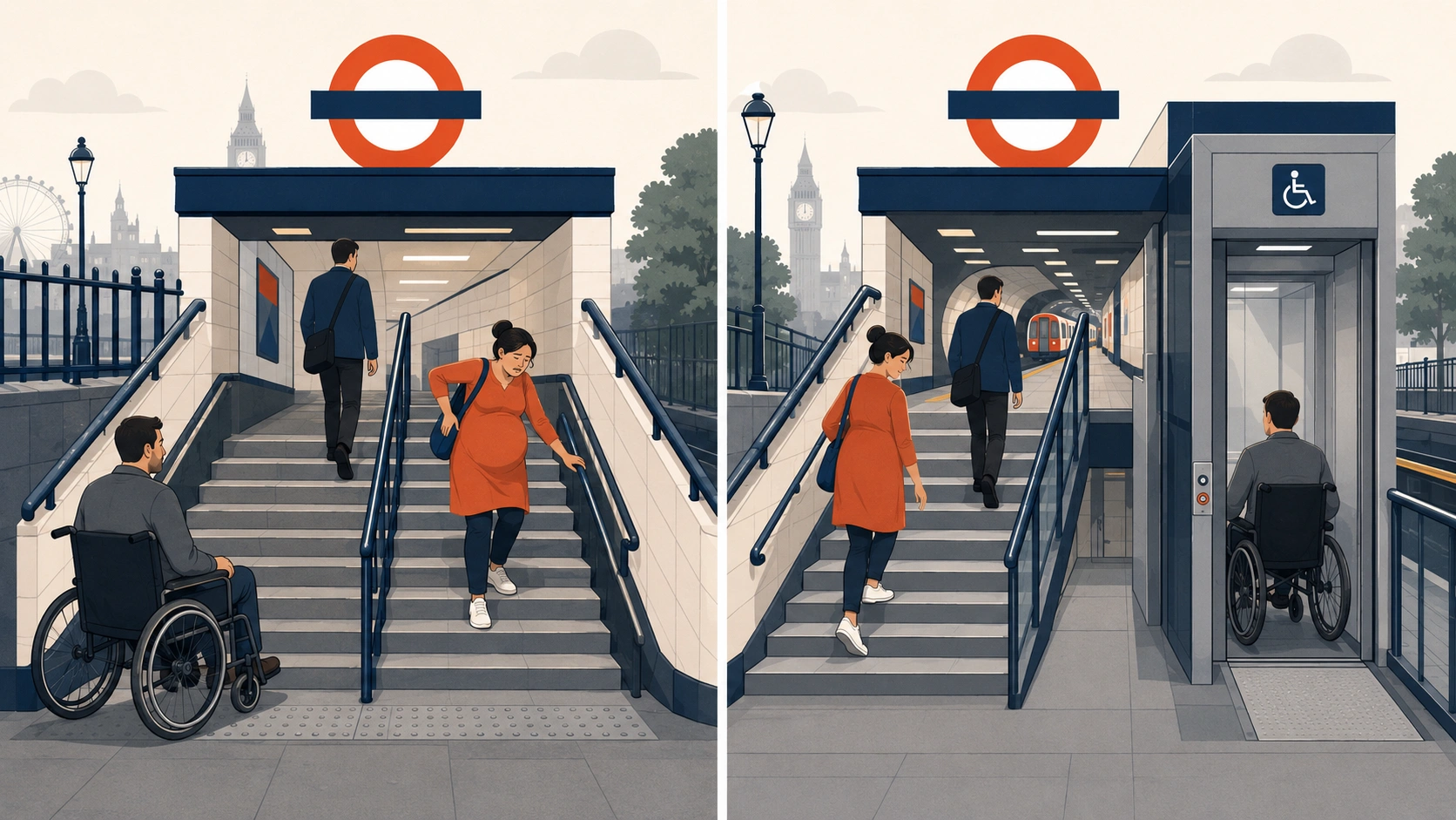 Two-panel illustration contrasting equality and equity using a London Underground station — left panel shows three commuters facing stairs with unequal access; right panel shows the same three commuters all reaching the platform via stairs and a lift.
