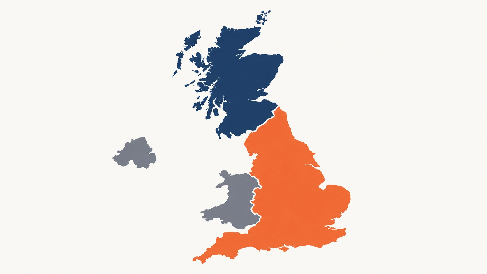 Stylised map of Great Britain showing England, Scotland and Wales as distinct nations under the Equality Act, with Northern Ireland shown separately to indicate its separate equality framework.