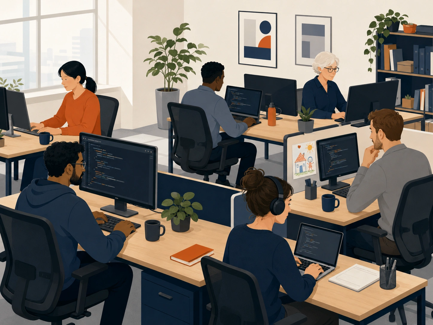 Illustration of a UK software team office showing developers of varied ages, ethnicities and working styles, including signs of accommodation for neurodivergent and working-parent employees.