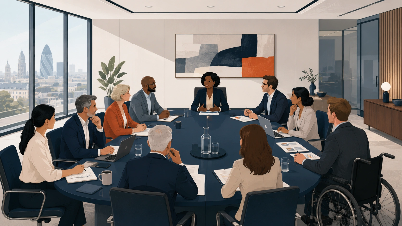 Illustration of a diverse UK boardroom, with a woman of colour in the Chair position and a balanced mix of ages, ethnicities and abilities around the table.