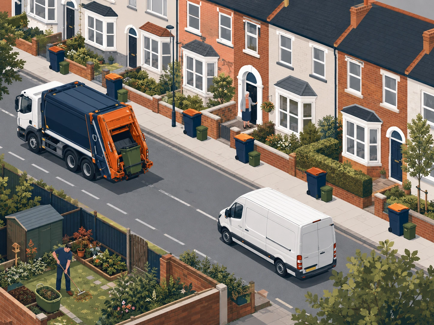 Illustration of a UK residential street with wheelie bins and a refuse collection lorry, illustrating the worked example of a council garden waste collection policy change.