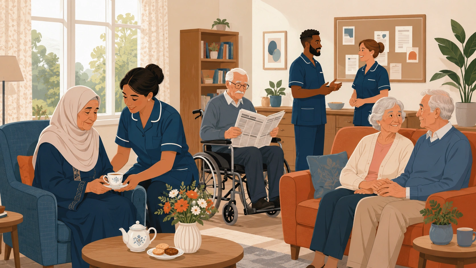 Illustration of a UK care home common room showing residents of varied backgrounds, ages and abilities being attended to by care staff, including an elderly couple together.