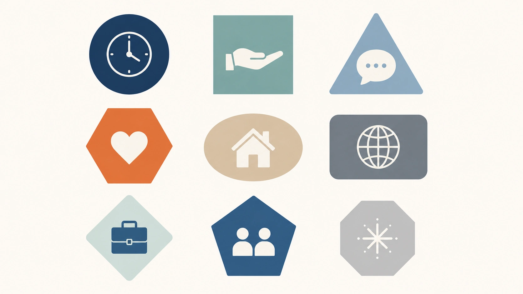 Conceptual illustration of the nine protected characteristics under the Equality Act 2010, represented as nine distinct shapes.