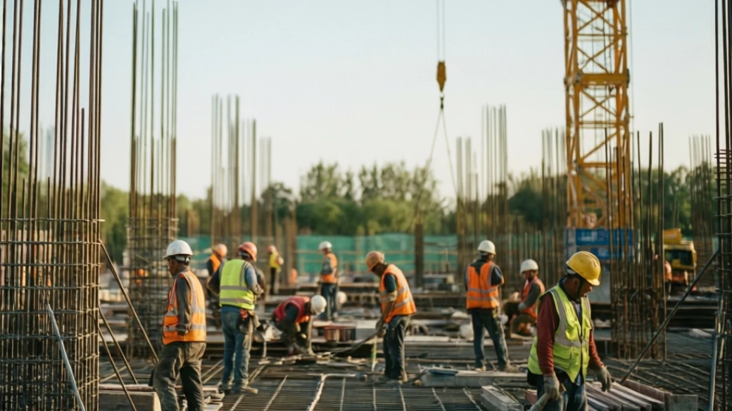 Construction workers wearing safety gear working on a building site with steel rods and crane.