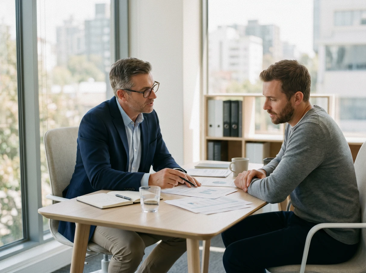 Two men sitting at a desk in an office discussing documents with charts and graphs.