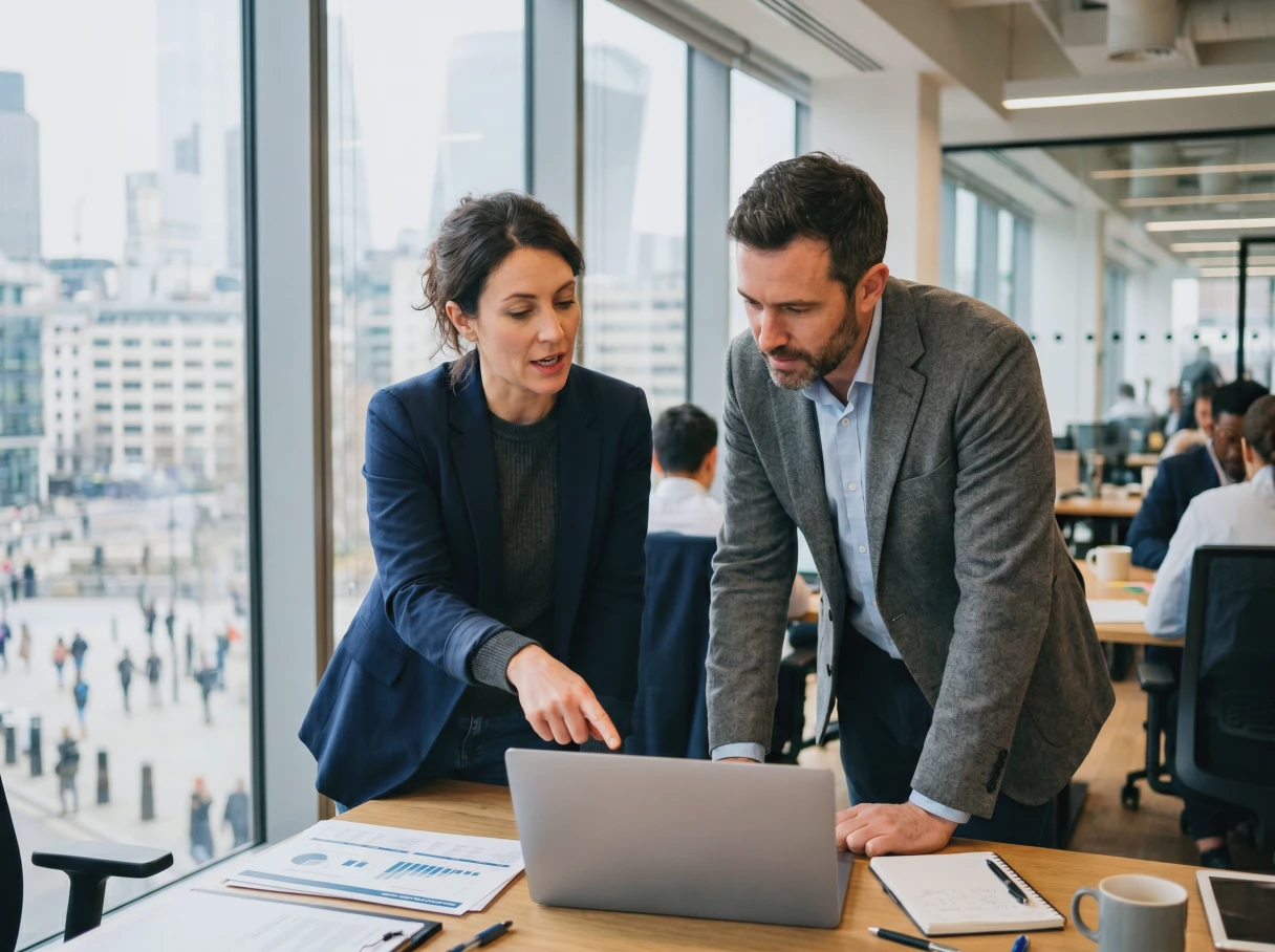 Two business colleagues in suits discussing work over a laptop in a modern office.