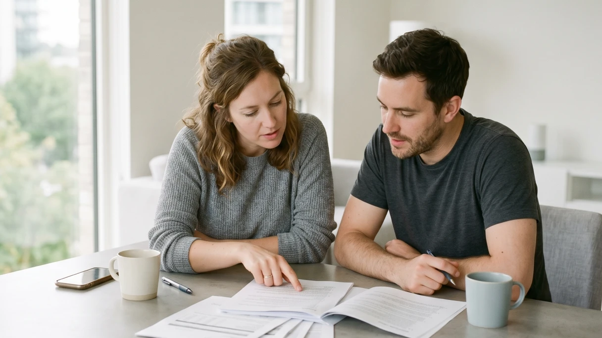 Man and woman sitting at table reviewing financial documents together with coffee mugs nearby.