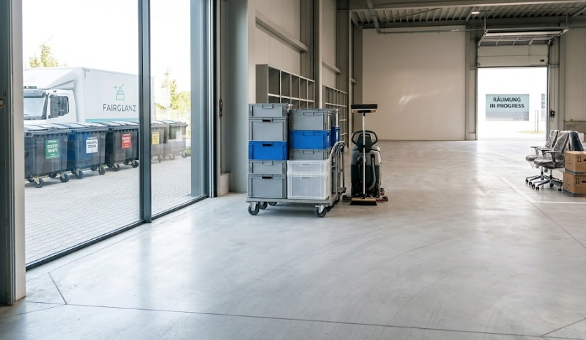 Outdoor patio cleaning machines and supplies on wet concrete floor with glass buildings and plants in background.