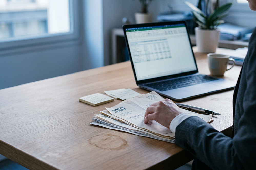 Bureau d'un contrôleur de gestion dans un groupe post-acquisition avec écrans de reporting consolidé et documents multi-entités