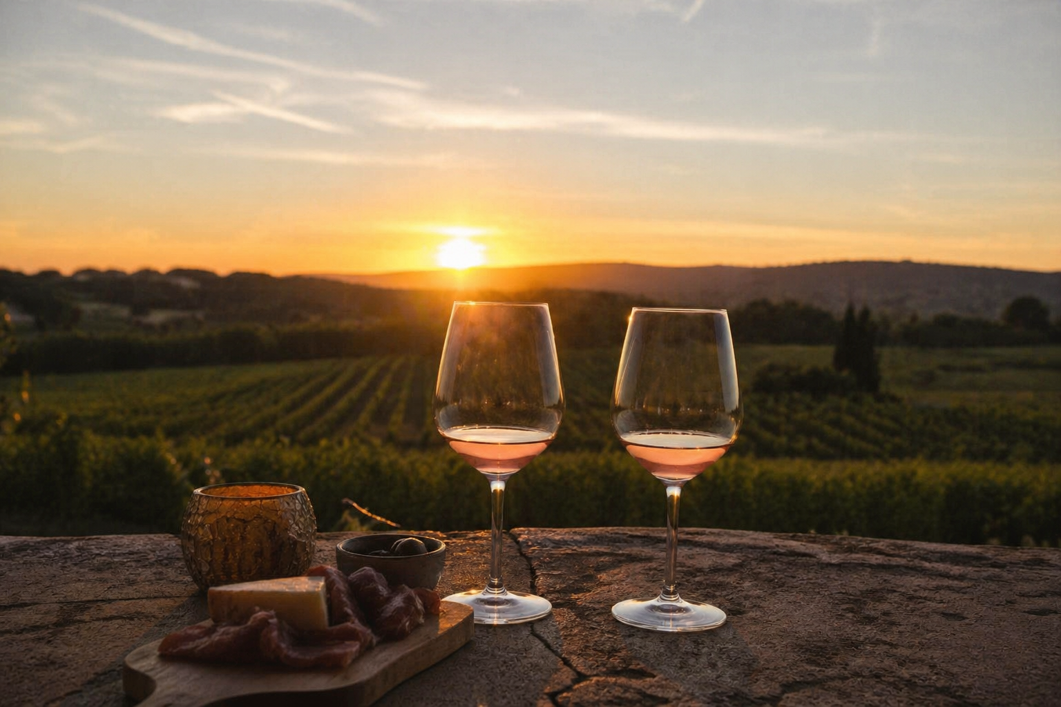 Sunset drinks with vineyard views at Bonté Maison