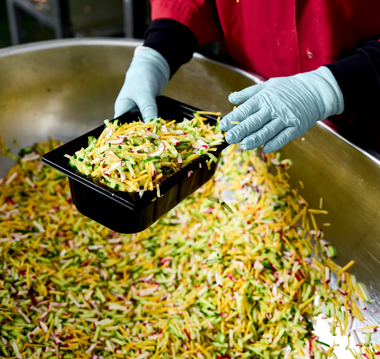 Zwarte bakken gevuld met gesneden groenten zoals wortels, gele wortels, courgette, komkommer, verse salade en kruiden op een metalen oppervlak.