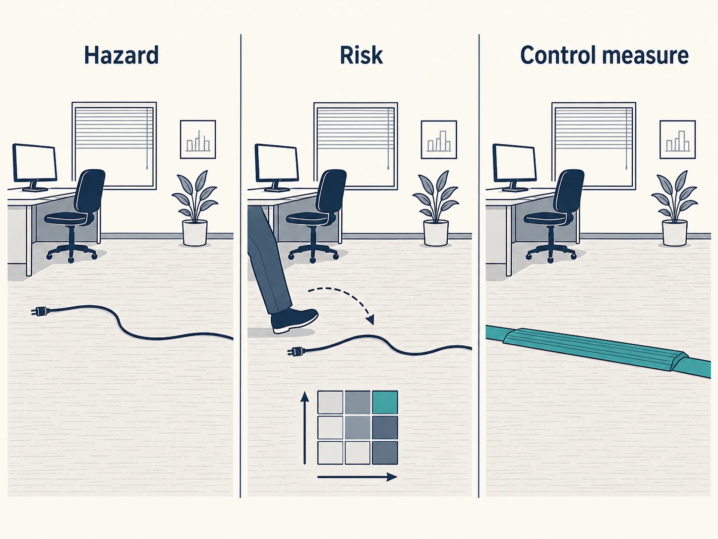 Diagram comparing hazard, risk, and control measure with a trailing cable example