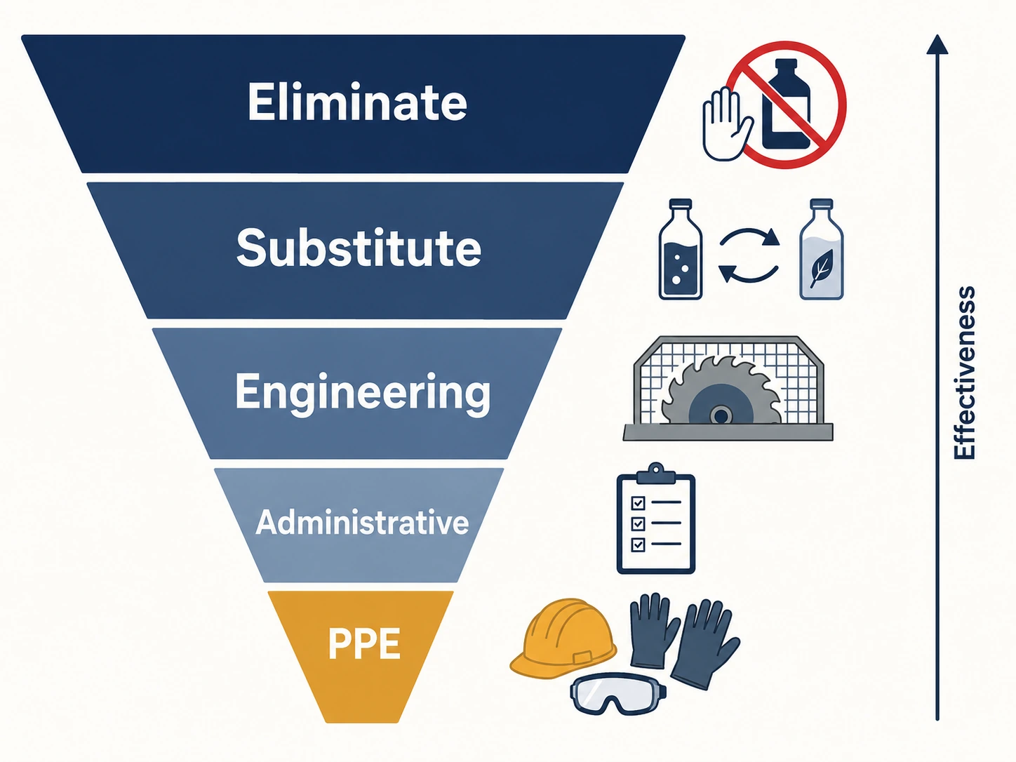 Hierarchy of control diagram with concrete workplace examples for each tier