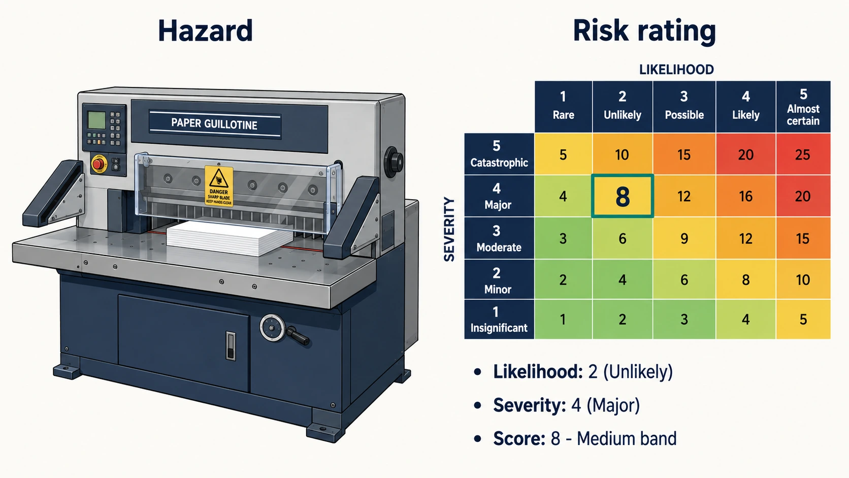 Worked example showing how a printing-workshop guillotine hazard is scored on a 5x5 matrix