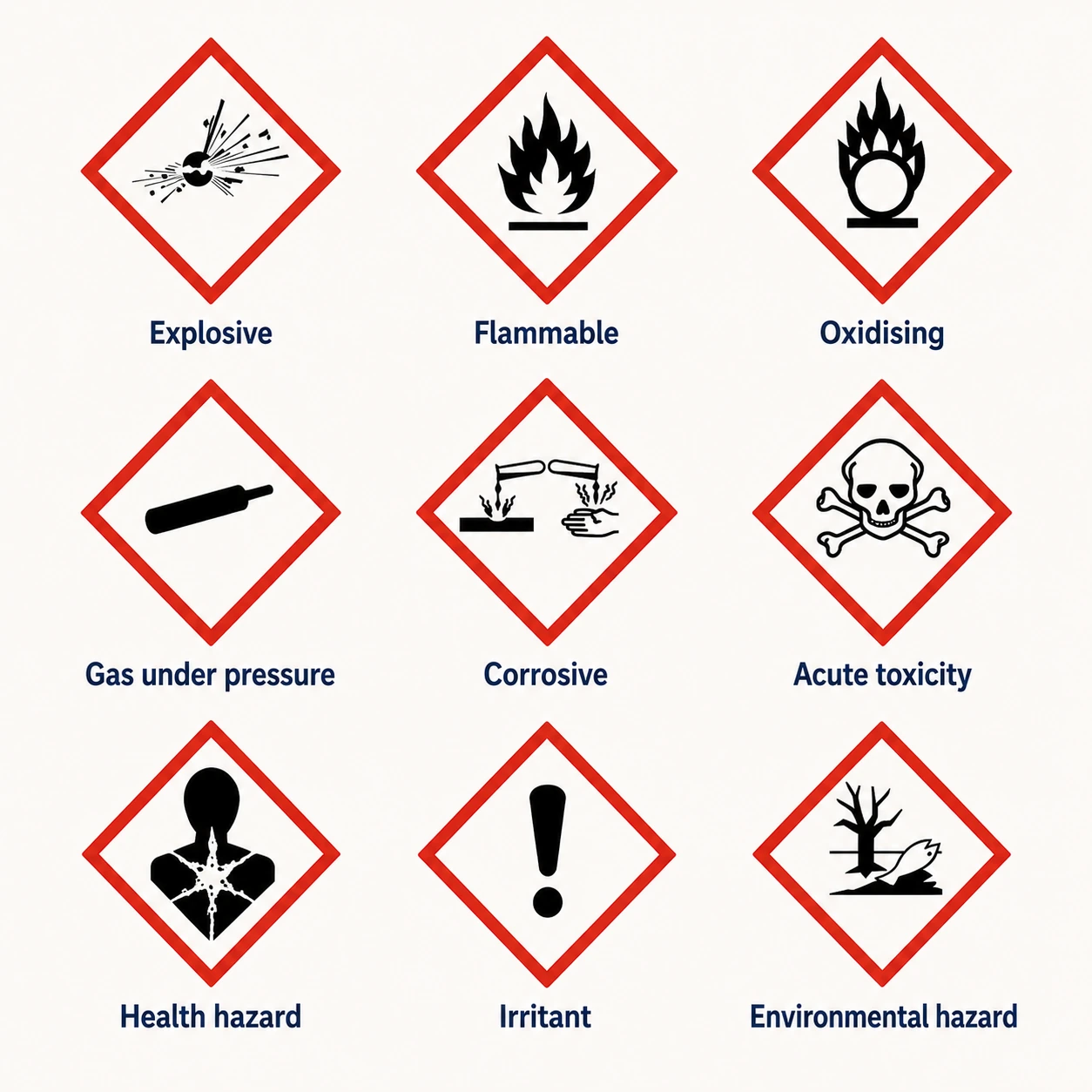 Grid of the nine CLP hazard pictograms used on UK substance labels