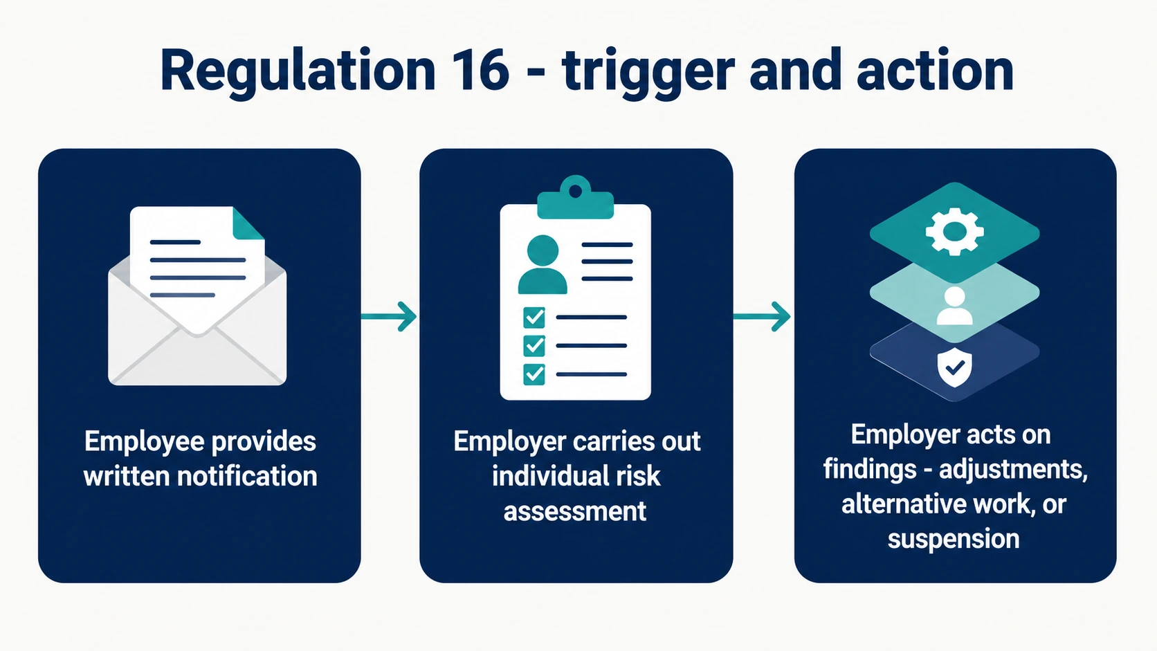 Workflow showing how written notification triggers the regulation 16 pregnancy risk assessment