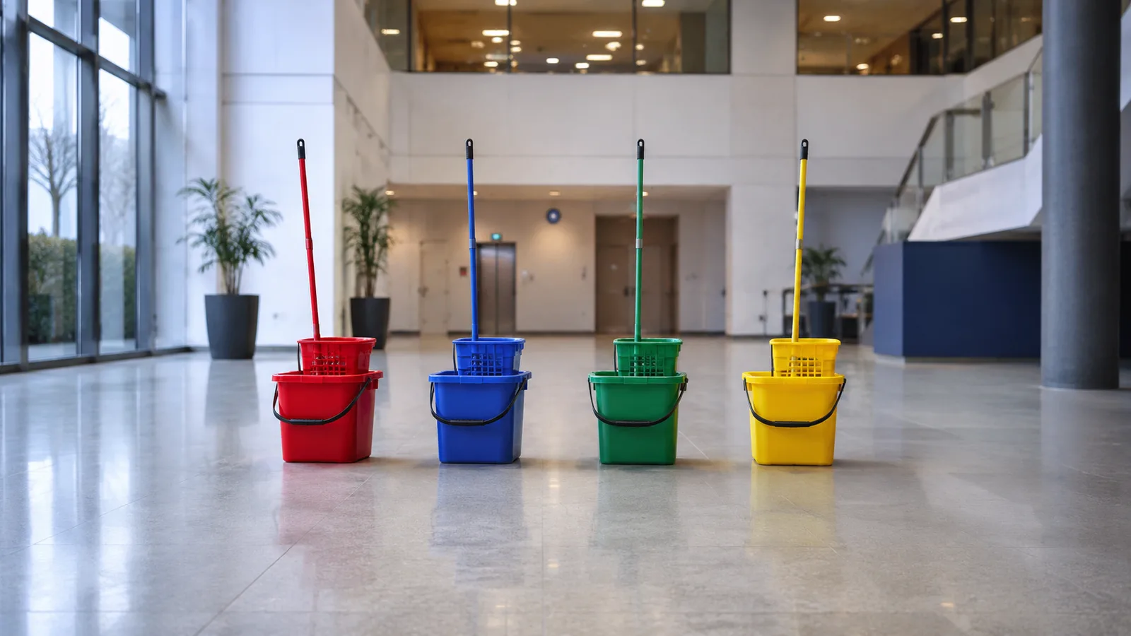 Four colour-coded cleaning buckets representing the four-colour UK cleaning system.