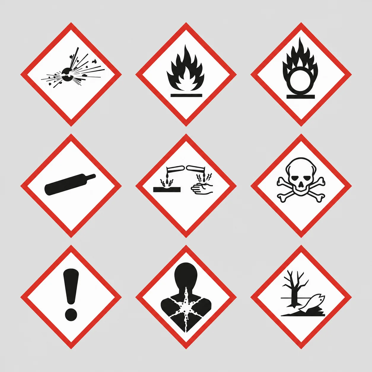 Grid of the nine CLP hazard pictograms used on UK chemical labels.