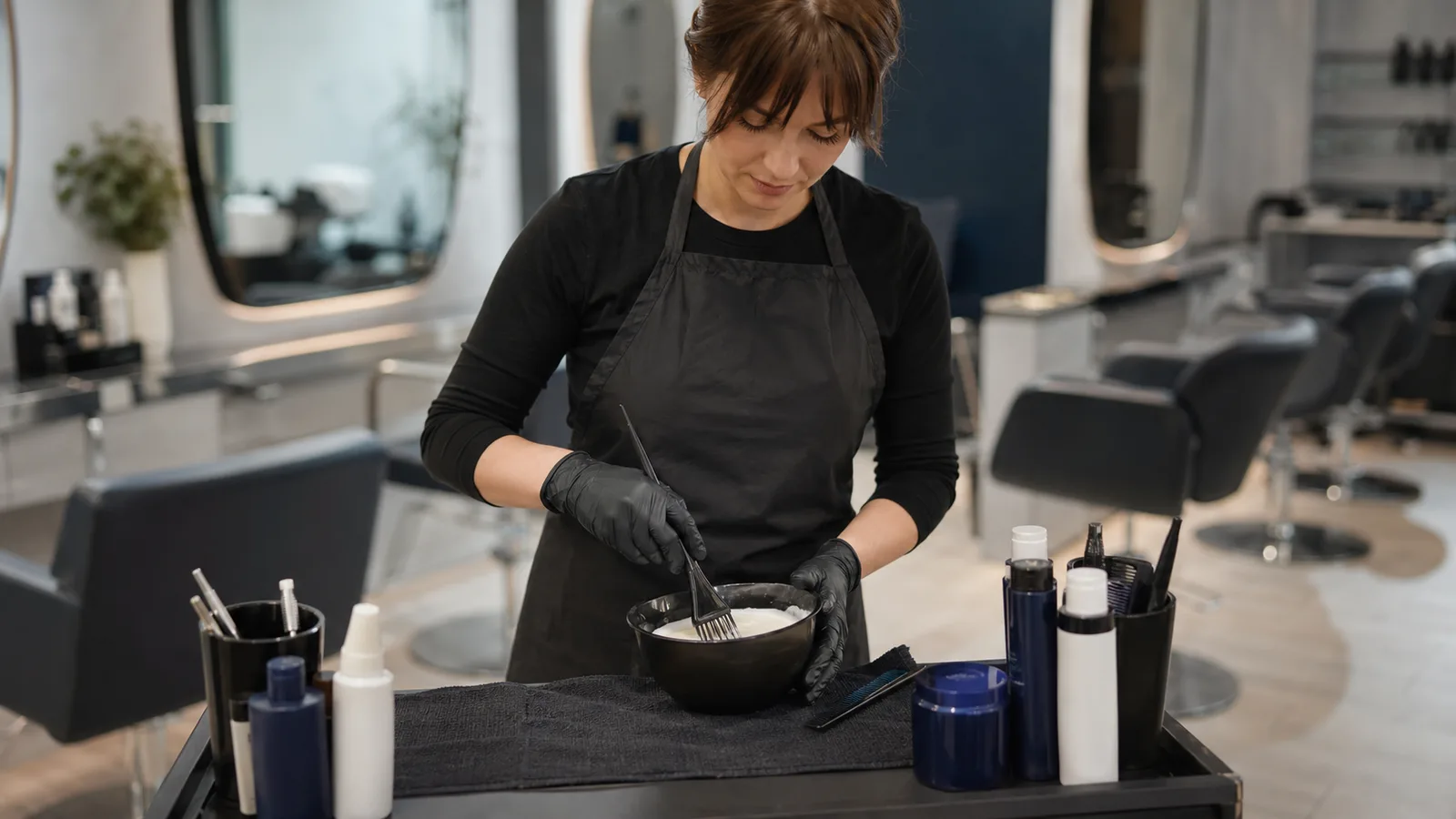 UK hair salon stylist applying colour treatment with gloves.