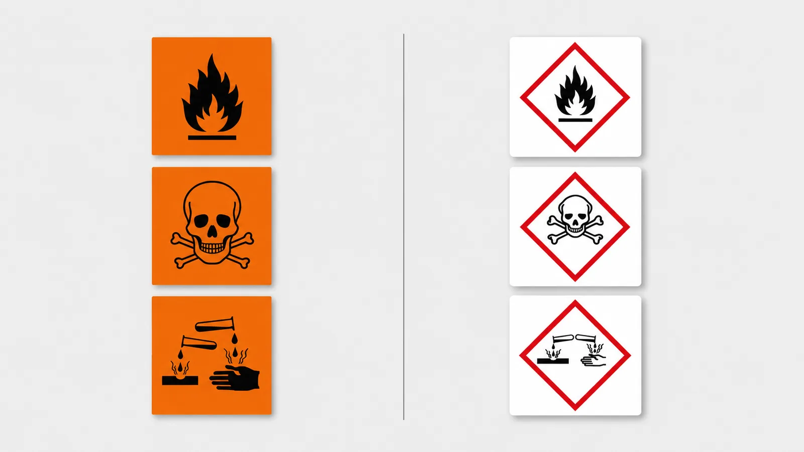 Side-by-side comparison of legacy CHIP symbols and current GHS pictograms.
